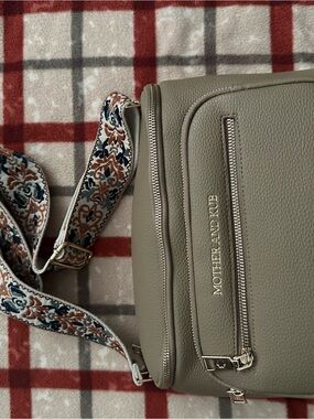 MOTHER AND KUB Taupe Crossbody Diaper Bag with Patterned Strap